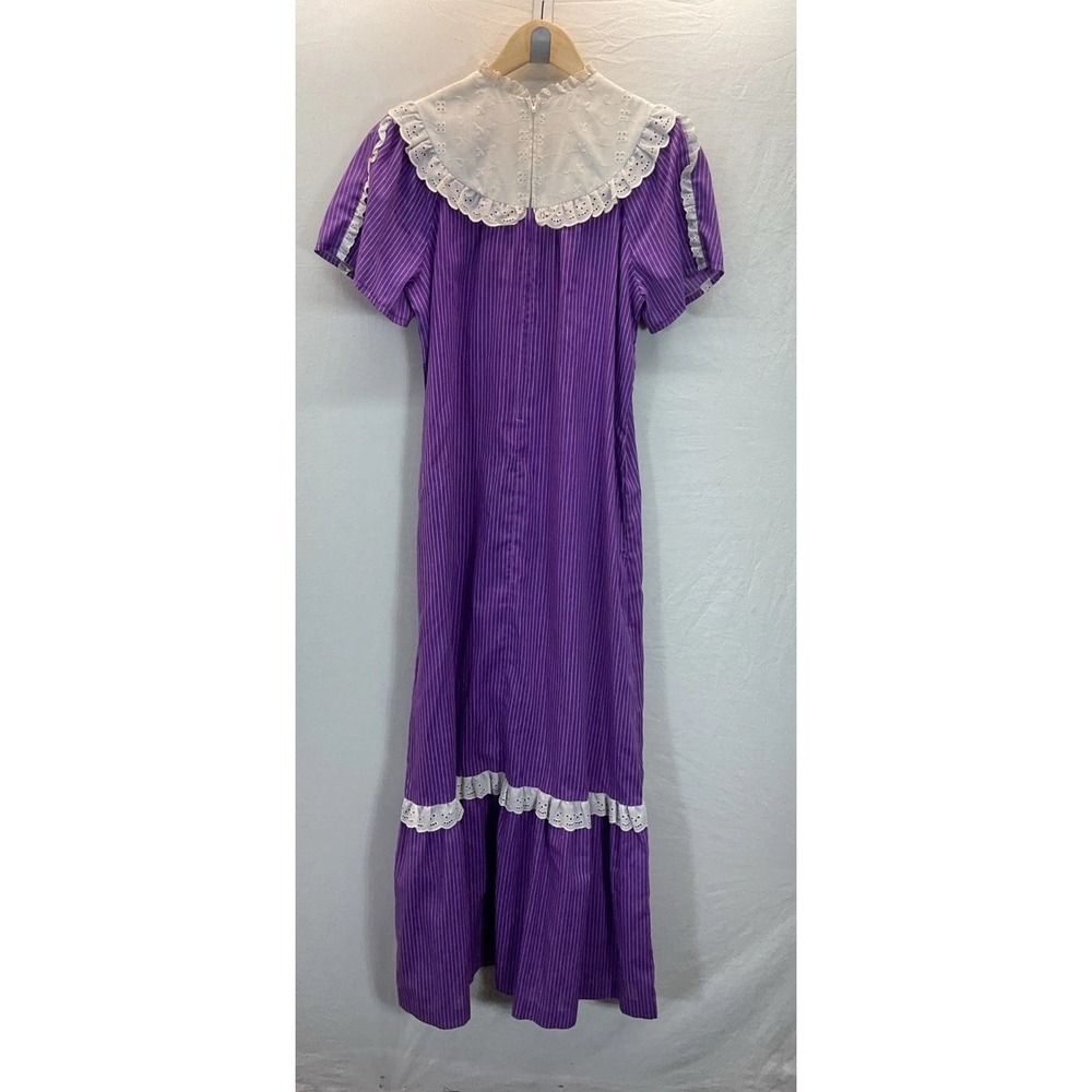 VTG Nalii Honolulu Hawaiian eyelet trim purple stripe Maxi Dress Boho 13/14 - Picture 2 of 8